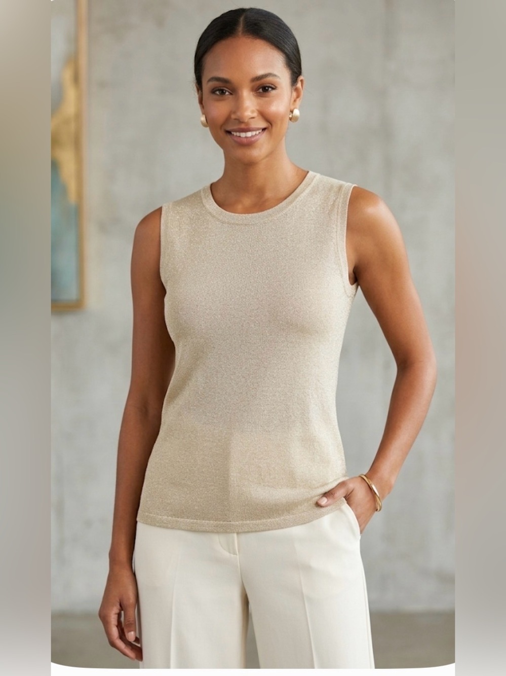 Misook Metallic Crewneck Sleeveless Tank - Gold -Sz Large - NWOT